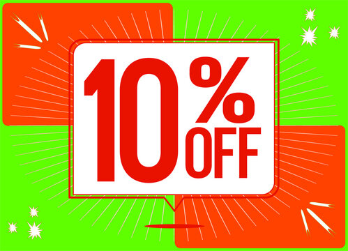 -10 percent discount. 10% discount. Up to 10%. Green and Orange banner with floating balloon for promotions and offers. Up to. Vector