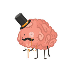 Brain character emotion. Intelligence emoji with mustache and cap. Cute hero brain emoji isolated on white background. Funny cartoon emoticon