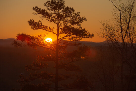 Beautiful Orange Sunrise Over The Blue Ridge Mountains In North Georgia