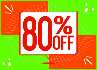 -80 percent discount. 80% discount. Up to 80%. Green and Orange banner with floating balloon for promotions and offers. Up to. Vector