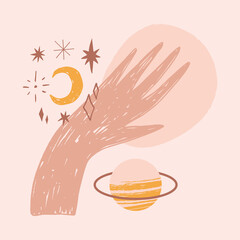 Reiki hand energy magical vector illustration. Magical holistic medicine art concept. Sending love healing energy.