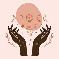 Reiki hand energy magical vector illustration. Magical holistic medicine art concept. Sending love healing energy. - obrazy, fototapety, plakaty