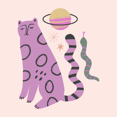 Magical witch cat boho fairytale vector illustration. Spiritual totem animal, multi colored art.