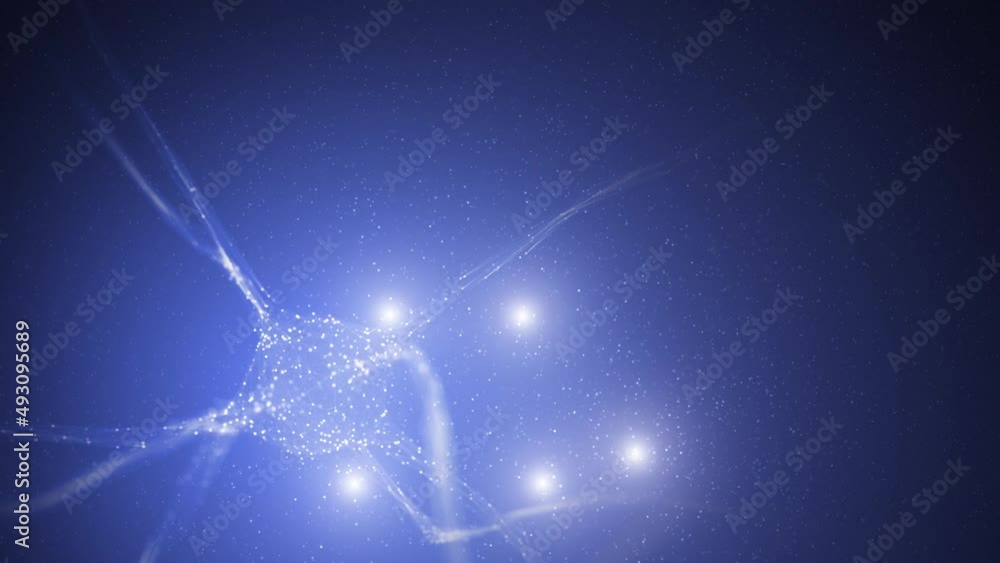 Poster artistic neuron cell with dots and lights motion background.
