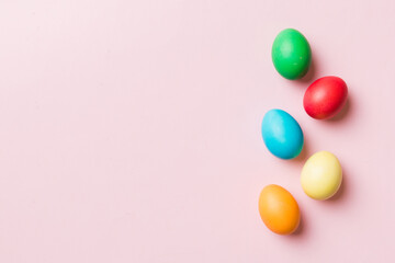 holiday preparation Multi colors Easter eggs on colored background . Pastel color Easter eggs. holiday concept with copy space