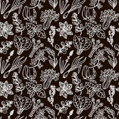 Seamless herbal pattern, drawn element in doodle style. White silhouettes Herbs and spices on black background - chili, vanilla, barberry, rosemary, bay leaf, etc. Pattern in a trendy linear style.