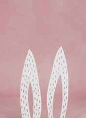 Cute White Bunny Ears on a Grunge Light Pink Background. Funny Modern Minimalist Easter Holiday Composition with Rabbit Ears ideal for Banner, Card, Greetings. No text.