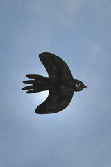 Cute Black Dove on a Grunge Light Dusty Blue Background. Funny Modern Minimalist Composition with Flying Bird ideal for Banner, Card, Greetings. No text. Woodland Art.