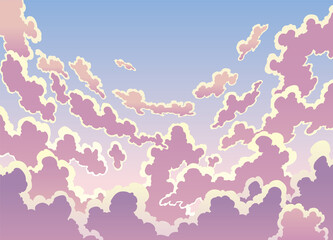 Evening sky clouds. Realistic backdrop in soft pastel colors. Morning landscape with clouds and gradient sky, colorful heaven skies background