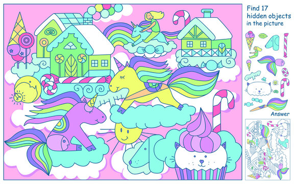 Find the hidden objects.  Unicorns in sky with sweet home, lollipops and candy city on clouds. Worksheet. Seek and find in puzzle game for kids or adult.