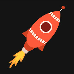 Vector red spacecraft with rocket fire. Spaceship flying in space.