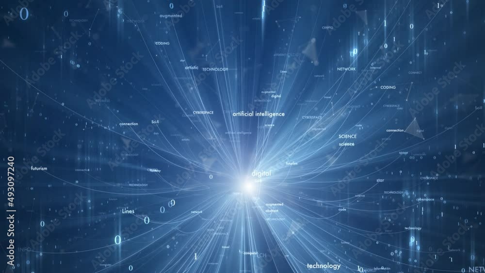 Poster digital shining blue artificial intelligence science word cloud animation.
