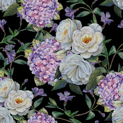 Watercolor  blooming flowers rose and hydrangea with foliage on black background. Seamless pattern  with floral composition for decorations textiles and papers.