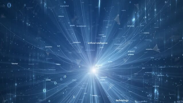 Digital shining blue artificial intelligence science word cloud animation.