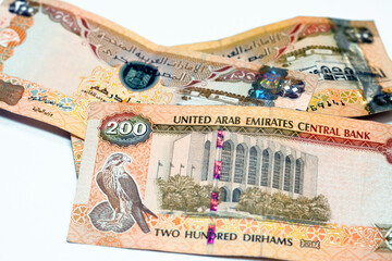 200 AED two hundred Dirhams banknote of United Arab Emirates, obverse side has Zayed Sports City...