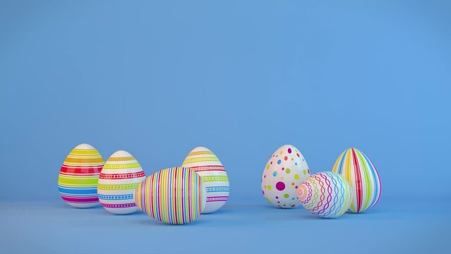 Frohe Ostern - 7 farbenfrohe, bemalte Ostereier auf blauen Hintergrund - Happy Easter - Oster - Loop