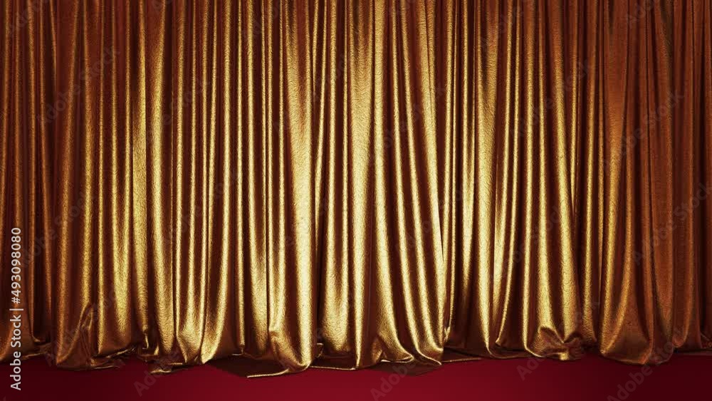 Poster realistic 3d animation of the stylish and fancy golden metallic shining textured stage curtain with 
