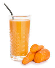 Glass of healthy carrot smoothie on white background