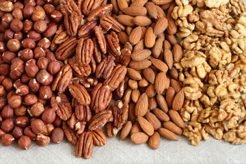 Raw peeled hazelnuts, pecans, almonds and walnuts on a linen cloth. Closeup. Macro