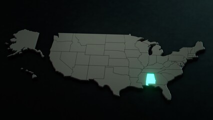 Highlighted state of Alabama on three-dimensional map of the USA. 3D illustration