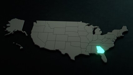 Highlighted state of Georgia on three-dimensional map of the USA. 3D illustration