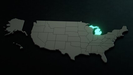 Highlighted state of Michigan on three-dimensional map of the USA. 3D illustration