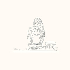 Continuous one line drawing girl cooking food vector illustration young woman wearing