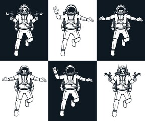 Astronaut in spacesuit retro style. Isolated cosmonaut in comic book style. Alien astronaut in spacesuit and with blasters. Vector image. © Agor2012