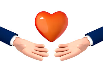 3d cartoon icon red heart in two hands. Vector cartoon hands holding red heart. Realistic illustration of donation, love or charity