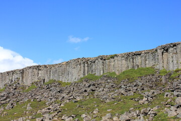 Dramatic hexagon shaped basalt lava columns (horizontal), Snaefellsnes, Iceland