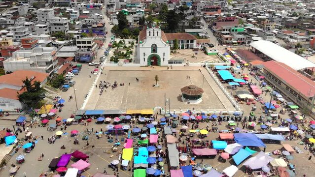 Aerial drone view flyby above San Juan Chamula - the authentic town in Chiapas, Mexico