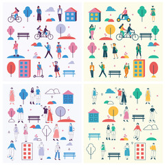 Fototapeta na wymiar Concept of young peoplewalking, running and jumping in the park. Stylish modern vector illustration card with happy teenagers