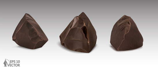 Realistic chocolate slices. Dark chocolate broken, cocoa. 3d realistic vector icon set