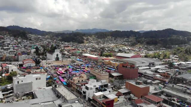 Aerial drone view flyby above San Juan Chamula - the authentic town in Chiapas, Mexico