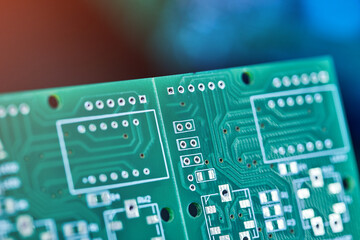 Green system board with microchips and transistors. Microchip Production, Nano computer Technology and manufacturing technological process