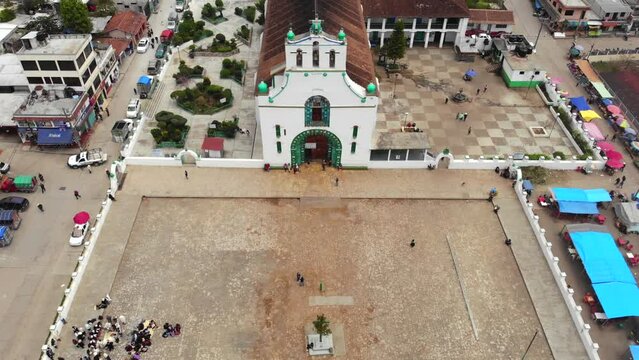 Aerial drone view of Iglesia de San Juan Chamula - the unique Church in authentic town in Chiapas, Mexico