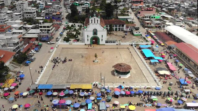 Aerial drone view flyby above San Juan Chamula - the authentic town in Chiapas, Mexico
