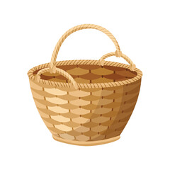 Wicker basket icon. Container hand woven. Decorative accessorie for storage or carrying. Straw handmade container. Empty basket, isolated on white background