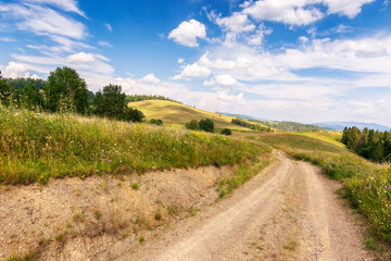 Fototapeta na wymiar rural road through grassy meadows. wonderful countryside landscape with rolling hills beneath a gorgeous sky with clouds on a summer evening
