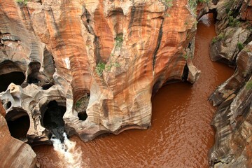 Bourke's Luck Potholes, Blyde River Canyon view to red rock formations with brown water river and some potholes