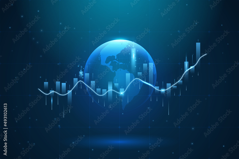 Poster hi-tech hologram of planet earth with glowing vector chart of investment financial data. graph stock