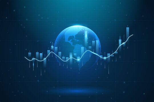 Hi-tech hologram of planet Earth with glowing vector chart of investment financial data. Graph stock market with rising candlesticks. Infographic elements and realistic transparent world map