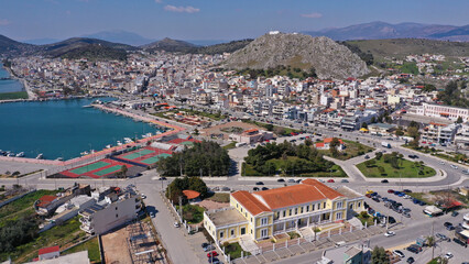 Fototapeta na wymiar Aerial drone photo of historic main town of Salamina island as seen from above, Saronic gulf, Greece