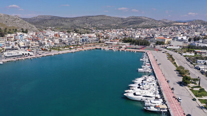 Aerial drone photo of historic main town of Salamina island as seen from above, Saronic gulf, Greece