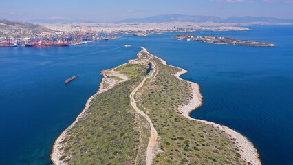 Aerial drone photo of iconic peninsula of Kinosoura or dog's tail in industrial part of island of...