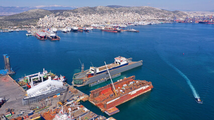 Aerial drone photo of shipyard in old port of Salamina island place where historic battle of...