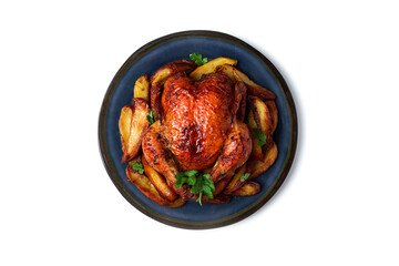 Fried whole chicken, with potatoes, on a white background, no people.