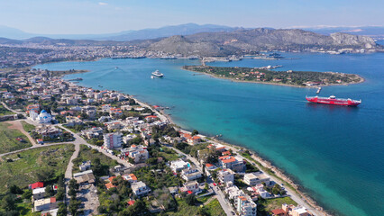 Fototapeta premium Aerial drone photo of small island of Agios Georgios next to Ferry port of Paloukia, Salamina island, Attica, Greece