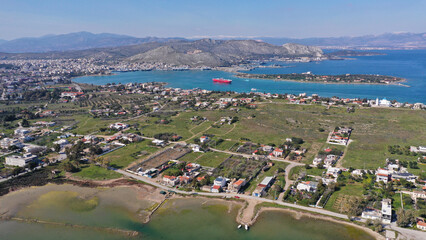 Aerial drone photo of small island of Agios Georgios next to Ferry port of Paloukia, Salamina...