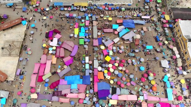 Aerial drone view flyby above the Central Market in San Juan Chamula - the authentic town in Chiapas, Mexico